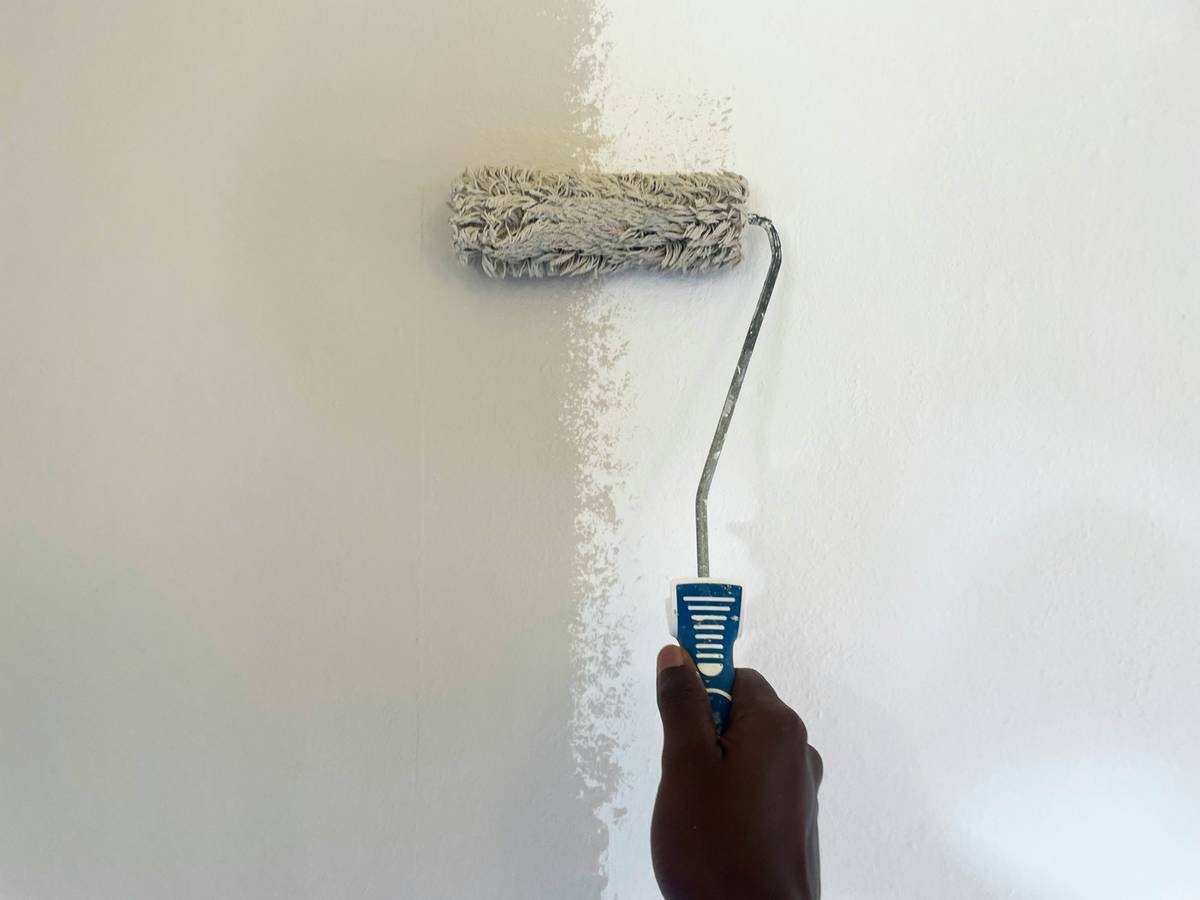 using a paint roller on a freshly primed drywall surface, showing proper frame loading and even pressure application